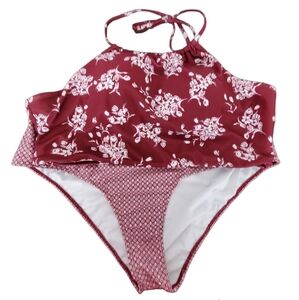 Shein Plus Burgundy Floral 2-PC Swimwear